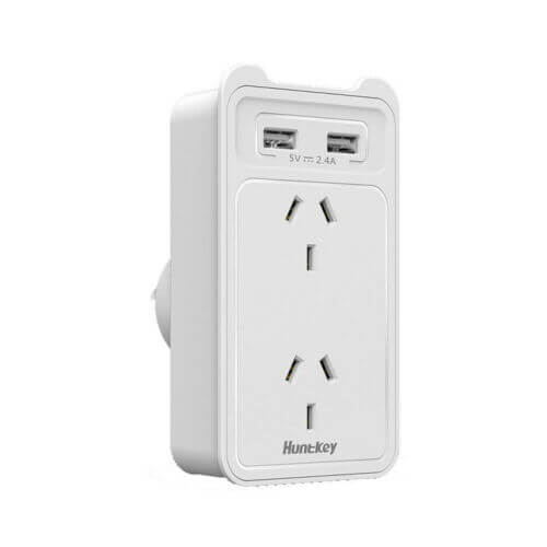 Huntkey 2 Outlet Surge Protected Powerboard with Dual USB Charging Ports, featuring two Australian sockets and dual USB ports for efficient charging.